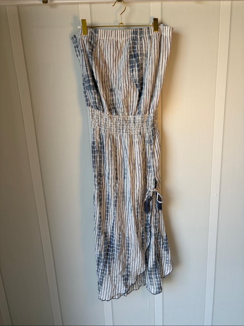 BECCA Blue and White Strapless Smocked Maxi Dress